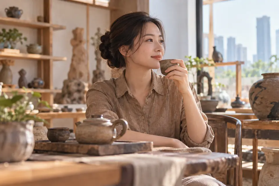 陶艺工作室中的陶制茶器与茶杯陈列
