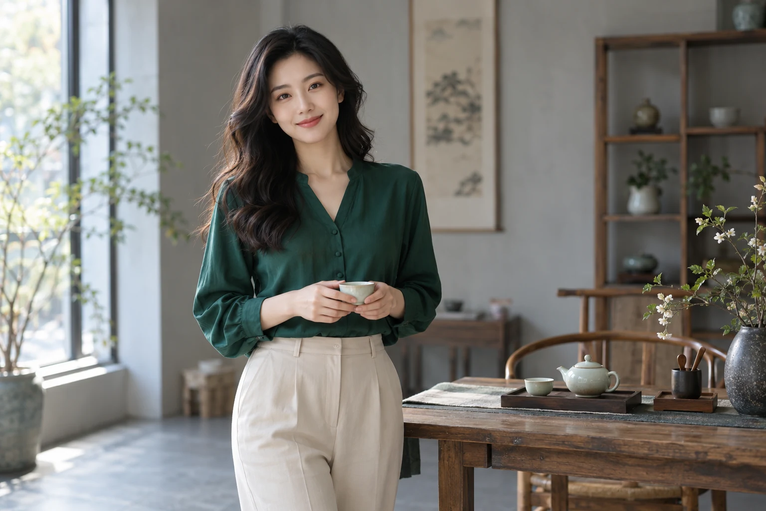 现代茶室内的年轻女性站姿,空间明亮简洁